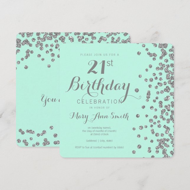 Convite Hortelã de prata dos confetes do brilho do falso (Frente/Verso)