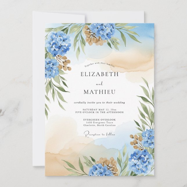 Convite Hortênsia Azul Casamento Etéreo (Frente)