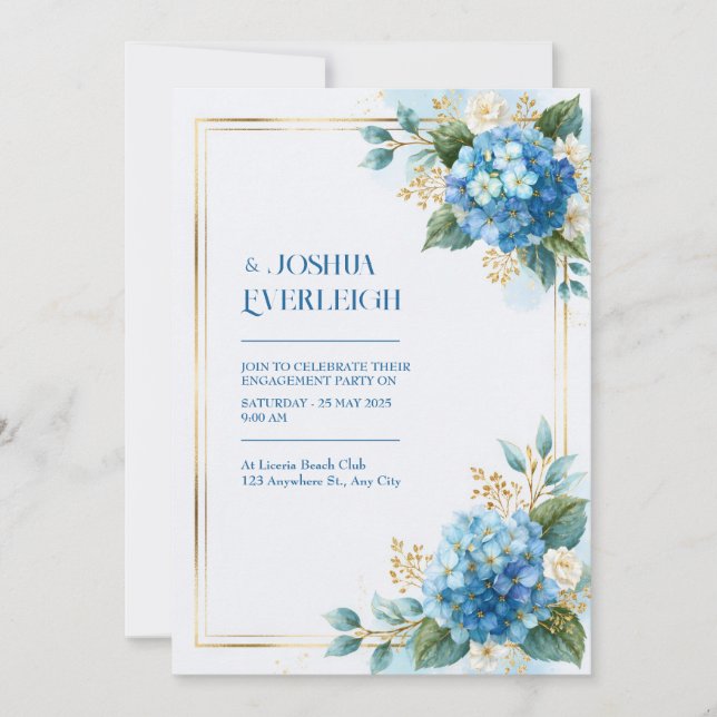 Convite Hortênsia Azul Céu Casamento Dourado (Frente)