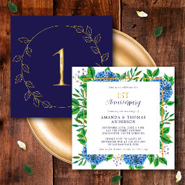 Convite Hortênsia Azul Dourada 1º Aniversário de Casamento