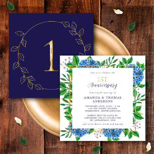 Convite Hortênsia Azul Dourada 1º Aniversário de Casamento