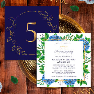 Convite Hortênsia Azul Dourada 5º Aniversário de Casamento