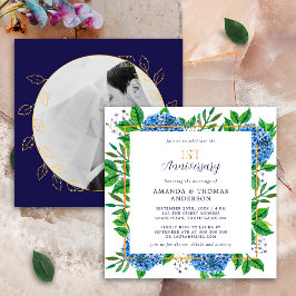 Convite Hortênsia Azul Dourada Aniversário de 1º Casamento