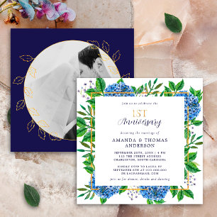 Convite Hortênsia Azul Dourada Aniversário de 1º Casamento
