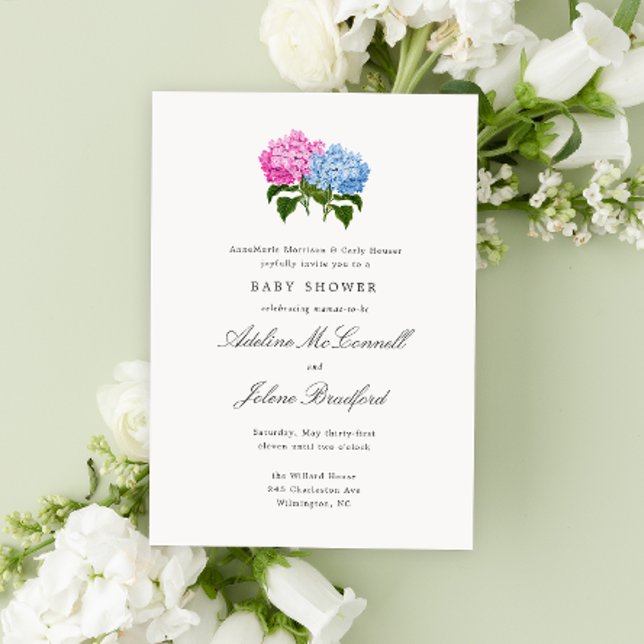 Convite Hortênsia Azul e Rosa Grand-millennial Dupla (Pink and blue two mothers double baby shower invitation with hydrangea flowers and traditional style)