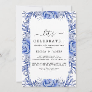 Convite Hortênsia Azul Elegante Branco "Vamos Celebrar"