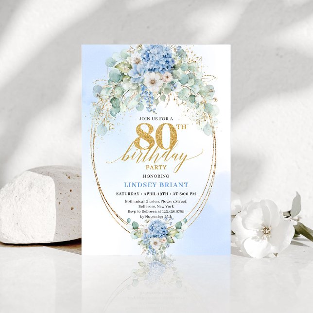 Convite Hortênsia Azul Estilosa com Acento Dourado para 80 (Stylish Blue Hydrangea Gold Accent 80th Birthday)