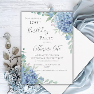 Convite Hortênsia Azul Floral Elegante 100º Aniversário