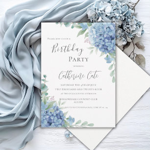 Convite Hortênsia Azul Floral Elegante Aniversário