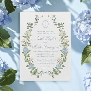Convite Hortênsia Azul Floral Monograma Brasão Casamento