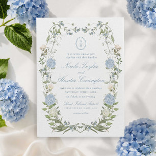 Convite Hortênsia Azul Floral Monograma Crista Casamento