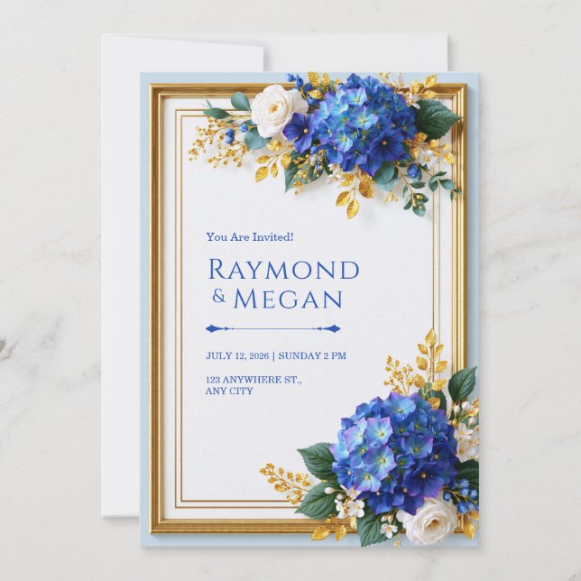 Convite Hortênsia Azul Íris Wedding Dourado (Frente)