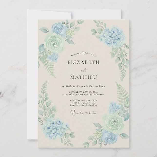 Convite Hortênsia Azul-Mintada Eucalipto Casamento (Frente)