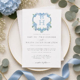 Convite Hortênsia Azul Monograma Floral Crista Casamento