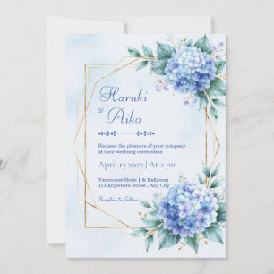 Convite Hortênsia Azul Pó Dourado Casamento