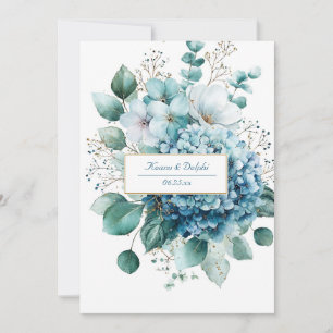 Convite Hortênsia Azul Poeirenta Elegante Floral Dourado