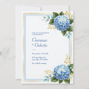 Convite Hortênsia Azul Pólen Casamento Romance Folha de Ou