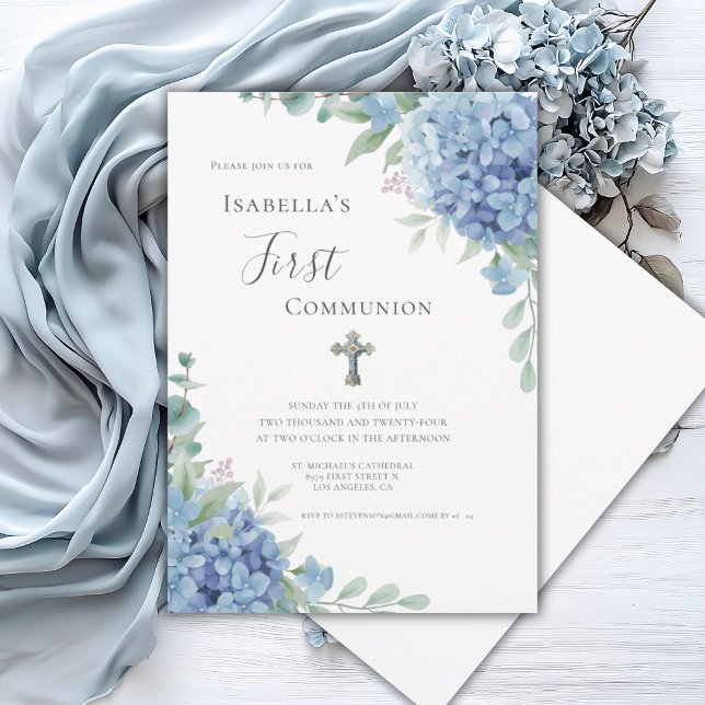 Convite Hortênsia Azul Primeira Comunhão Religiosa  (Criador carregado)