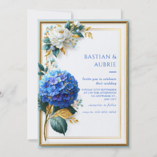 Convite Hortênsia Azul Real Moldura Dourada Casamento