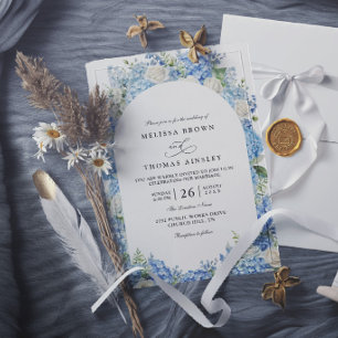 Convite Hortênsia Azul Rosas Brancas Floral Casamento Eleg