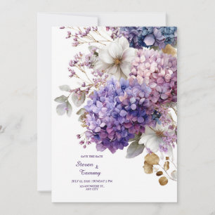 Convite Hortênsia Azul Roxa Dourado Floral Aquarela