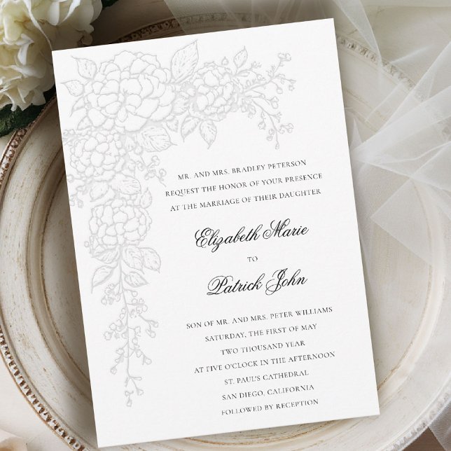 Convite Hortênsia Casamento Clássico Formal Branco Luminos (hydrangea wedding invitation formal traditional modern classic art sketch black white parents host)