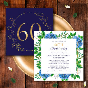 Convite Hortênsia Dourada e Azul Aniversário de 60 Anos de