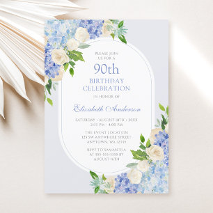Convite Hortênsia Floral Azul Elegante Aniversário de 90 a
