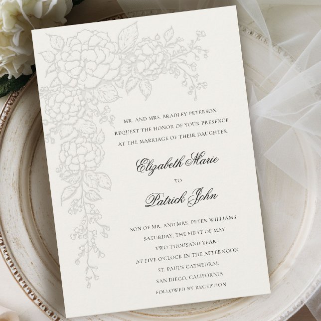 Convite Hortênsia Luminosa Ecru Casamento Clássico Formal (hydrangea wedding invitation formal traditional modern classic art sketch parents host ecru)