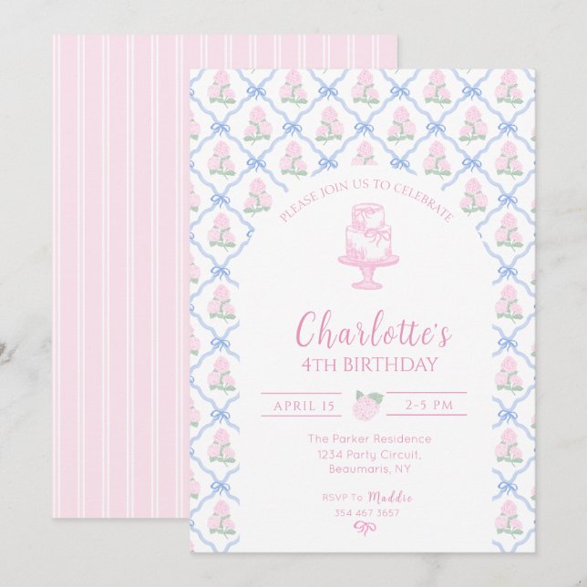 Convite Hortênsia Verde Rosa com Treliça de Laço Azul (Frente/Verso)