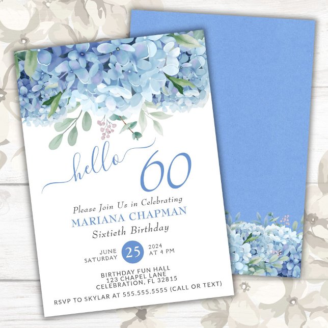 Convite Hortênsias Azuis Aquarela Floral 60º Aniversário E (Criador carregado)