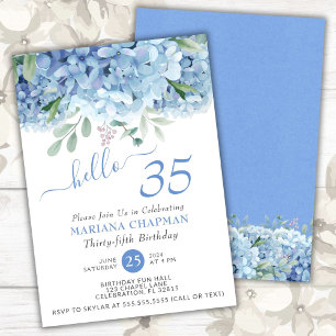 Convite Hortênsias Azuis Aquarela Floral Aniversário de 35