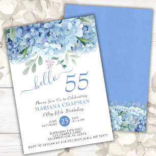 Convite Hortênsias Azuis Aquarela Floral Aniversário de 55