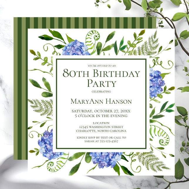 Convite Hortênsias Azuis de Aniversário de 80 Anos Aquarel (Criador carregado)