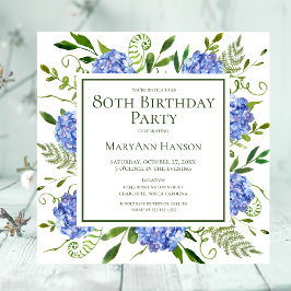 Convite Hortênsias Azuis de Aniversário de 80 Anos Floral 