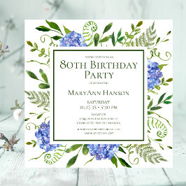 Convite Hortênsias Azuis de Aniversário de 80 Anos Floral 