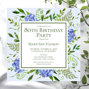 Convite Hortênsias Azuis de Aniversário de 80 Anos Floral