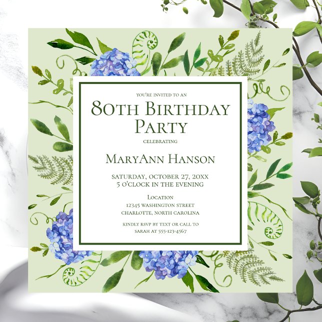 Convite Hortênsias Azuis de Aniversário de 80 Anos Floral  (Criador carregado)