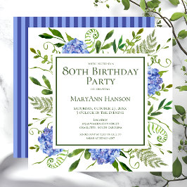 Convite Hortênsias Azuis de Aniversário de 80 Anos Floral 
