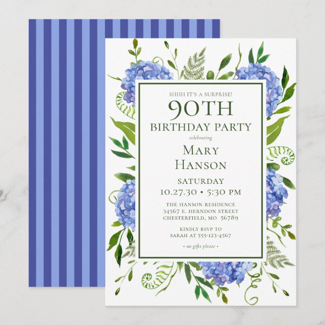 Convite Hortênsias Azuis de Aniversário de 90 Anos Aquarel (Frente/Verso)