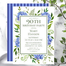 Convite Hortênsias Azuis de Aniversário de 90 Anos Aquarel