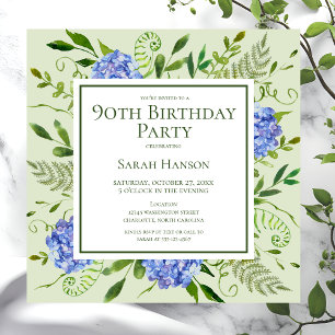Convite Hortênsias Azuis de Aniversário de 90 Anos Aquarel