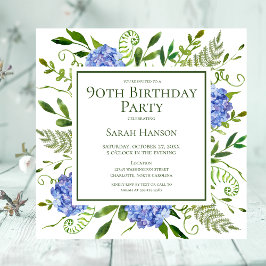 Convite Hortênsias Azuis de Aniversário de 90 Anos Aquarel