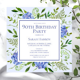 Convite Hortênsias Azuis de Aniversário de 90 Anos Aquarel
