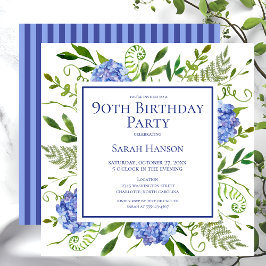 Convite Hortênsias Azuis de Aniversário de 90 Anos Aquarel