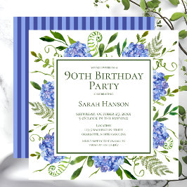 Convite Hortênsias Azuis de Aniversário de 90 Anos Aquarel