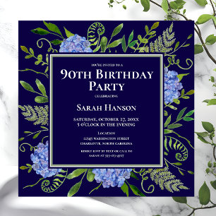 Convite Hortênsias Azuis de Aniversário de 90 anos Aquarel