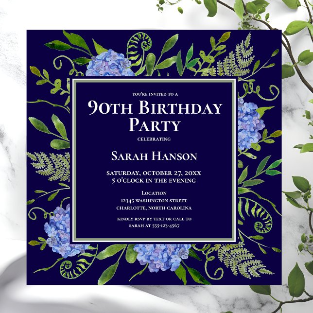Convite Hortênsias Azuis de Aniversário de 90 anos Aquarel (Criador carregado)