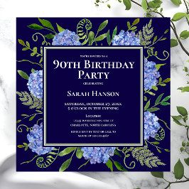 Convite Hortênsias Azuis de Aniversário de 90 Anos Aquarel
