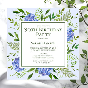 Convite Hortênsias Azuis de Aniversário de 90 Anos Aquarel